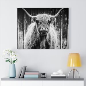 Black and White Highland Cow Sepia Farmland Scotland Male Cow Canvas Gallery Wraps
