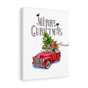 Red retro truck with a fir tree, gifts and the Dachshund in a scarf – Christmas decor – Holiday – Canvas Gallery Wraps