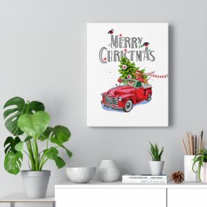 Red retro truck with a fir tree, gifts and the Dachshund in a scarf – Christmas decor – Holiday – Canvas Gallery Wraps