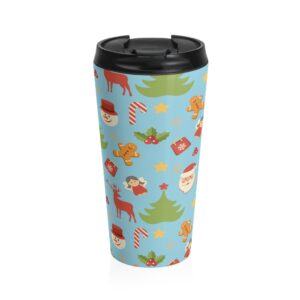 Cute Christmas Themed Tumbler – Stainless Steel Travel Mug – Santa Reindeer Candy Cane Christmas Tree