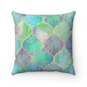 Moroccan Arabic Geometric Blue Purple Violet Green Teal – Throw Spun Polyester Square Pillow