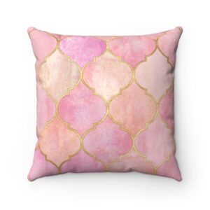 Light Soft Pink and Gold Moroccan Arabic Bohemian Geometric Throw Pillow Spun Polyester Square Pillow