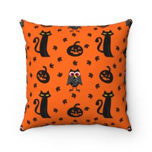 Halloween Black Cat Owl Jack-O-Lantern Spun Polyester Square Pillow