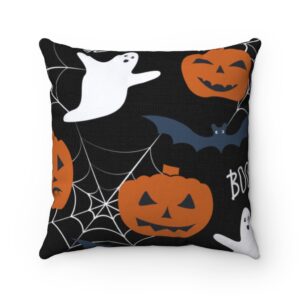 Halloween Jack-O-Lantern – Ghosts – Bats – Spiderwebs – Boo – Spun Polyester Square Pillow