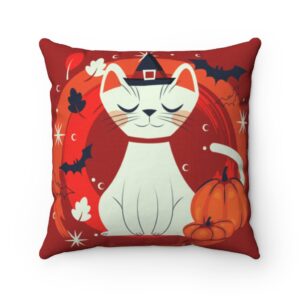 Cat Kitten Witch Bats Halloween – Fun – Cute – Kids – Spun Polyester Square Pillow