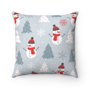 Blue Snowman and Christmas Trees Spun Polyester Square Pillow