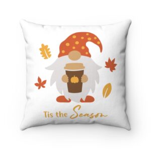 Cute gnome holding a pumpkin spice latte coffee cup in fall – Spun Polyester Square Pillow