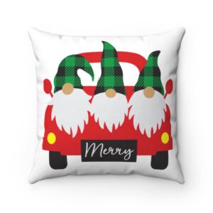 Christmas gnomes on truck. Cute three gnomes with buffalo plaid hat on a vintage truck – Spun Polyester Square Pillow