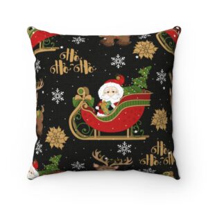 Black Background Santa Claus on Sleigh Ho Ho Ho Spun Polyester Square Pillow