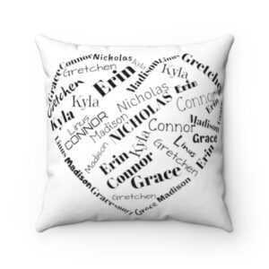 Custom White Pillow with Black Lettering Names in Heart Pillow – Spun Polyester Square Pillow