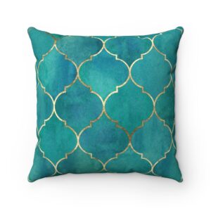 Turquoise Gold Teal Moroccan Pillow Case – Vintage – Geometric – Trendy – Faux Suede Square Pillow Case