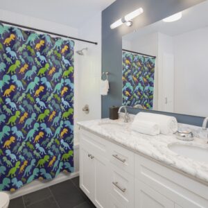 Blue Green Yellow Dinosaur Shower Curtain – Dinosaur Themed Bathroom – Shower Curtains