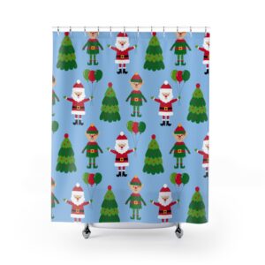 Christmas Tree Elf Elves Santa Claus Blue Background Kids Bathroom Christmas Spirit Shower Curtains