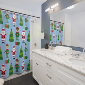 Christmas Tree Elf Elves Santa Claus Blue Background Kids Bathroom Christmas Spirit Shower Curtains