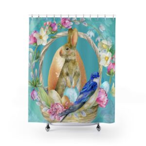 Blue Easter Bunny Rabbit Egg Basket Bird Pastel Colors Shower Curtains