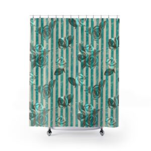 Turquoise Teal Blue Striped Floral Shower Curtains