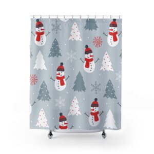 Light Blue Snowman and Christmas Trees Shower Curtains