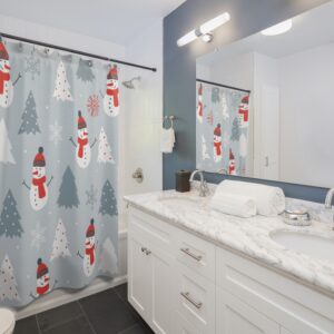 Light Blue Snowman and Christmas Trees Shower Curtains
