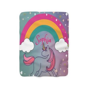 Personalized Unicorn and Rainbows Girls Room Sherpa Fleece Blanket