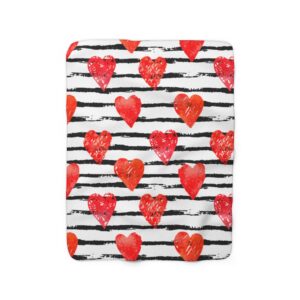 Black Stripes White Background Red Hearts Valentine’s Day Sherpa Fleece Blanket