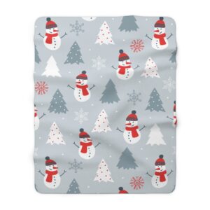 Light Blue Snowman and Christmas Trees Sherpa Fleece Blanket