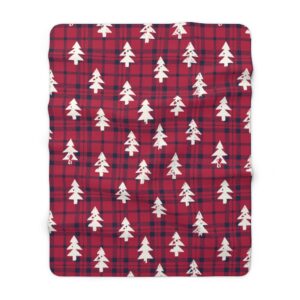 Rustic Woodland Silhouettes of Christmas Trees on Classic Red Checkered Plaid Farmhouse Style Winter Holidays Sherpa Fleece Blanket