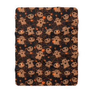 Halloween White Ghosts, Goblins, Orange Spiderwebs, Spiders Blanket – Cute, Spooky, Fun – Sherpa Fleece Blanket