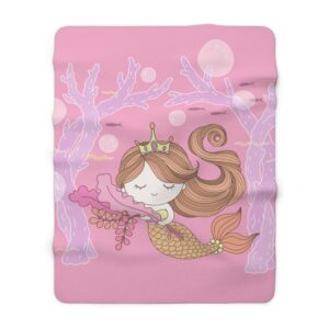 Pink Cute Mermaid in Sea with crown – Magical – Under the Sea – Sherpa Fleece Blanket