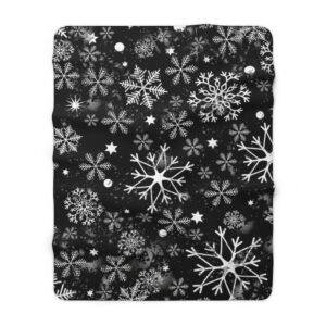 Black, WHite, Silver, Grey Snowflakes Christmas Holiday Festive Sherpa Fleece Blanket