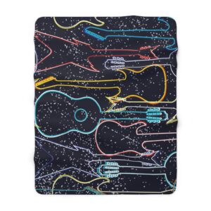 Retro Guitar Colorful on Black Sherpa Fleece Blanket – Soft – Cozy – Guitar Lover – Christmas Gift