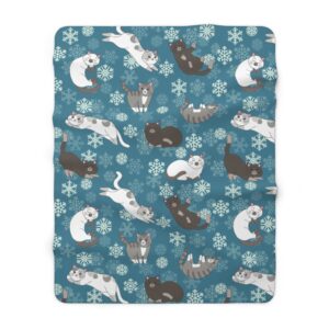 Cats and Snowflakes Christmas Winter Holiday Themed Sherpa Fleece Blanket