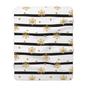 White Christmas Holiday Black Stripes Gold Snowflakes Modern Sherpa Fleece Blanket