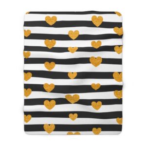 Gold Hearts Black and White Stripes Valentine’s Day Blanket – Gift – Sherpa Fleece Blanket