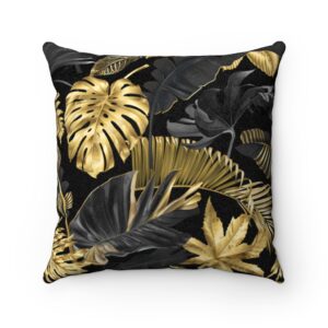 Black Gold Tropical Hawaiian Exotic Leaves Dark Gold Foil Faux Suede Square Pillow