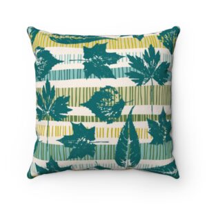Aqua Teal Green Lines Geometric Hand Drawn Fall Leaves Autumn Faux Suede Square Pillow