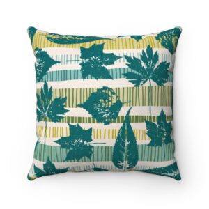 Aqua Teal Green Lines Geometric Hand Drawn Fall Leaves Autumn Faux Suede Square Pillow