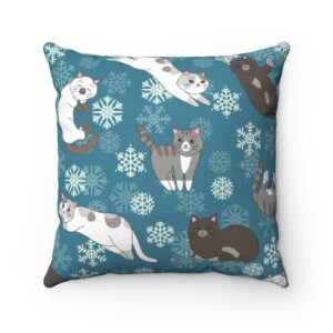 Cats and Snowflakes Christmas Winter Blue Holiday Faux Suede Square Pillow