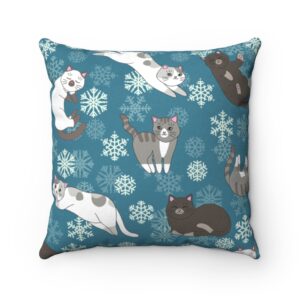 Cats and Snowflakes Christmas Winter Blue Holiday Faux Suede Square Pillow