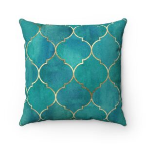 Turquoise Gold Teal Blue Moroccan Faux Suede Square Pillow – Vintage – Geometric – Trendy – Classy – Throw pillow