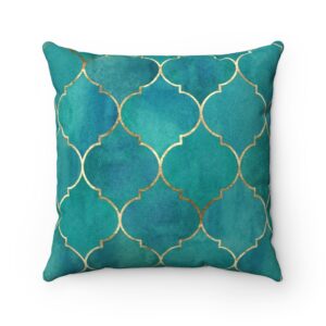 Turquoise Gold Teal Blue Moroccan Faux Suede Square Pillow – Vintage – Geometric – Trendy – Classy – Throw pillow