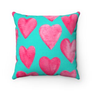 Teal Blue and Pink Hearts Valentine’s Day Faux Suede Square Pillow