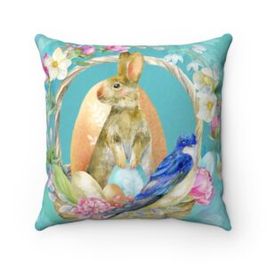 Easter Bunny Rabbit Blue Floral Birds Pastel Colors Light Blue Faux Suede Square Pillow