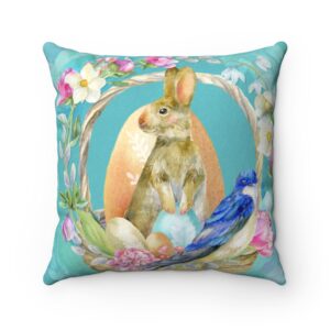 Easter Bunny Rabbit Blue Floral Birds Pastel Colors Light Blue Faux Suede Square Pillow