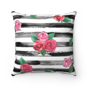 Modern Contemporary Airbrush Black Stripes and Roses Design Faux Suede Square Pillow