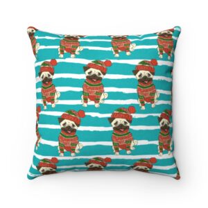 Teal Blue striped Pug in Ugly Christmas Sweater Cute Holiday Faux Suede Square Pillow