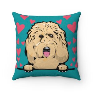 Goldendoodle Aqua Valentine’s Day Hearts Doodle Dog Faux Suede Square Pillow