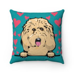 Goldendoodle Aqua Valentine’s Day Hearts Doodle Dog Faux Suede Square Pillow