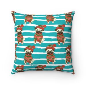 Teal Blue striped Pug in Ugly Christmas Sweater Cute Holiday Faux Suede Square Pillow