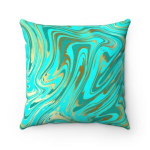 Aqua Turquoise Gold Abstract Faux Suede Square Pillow