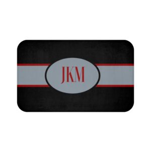 3 Initials Black and Crimson Red Personalized Bath Mat